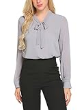 ACEVOG Damen Elegant Business Chiffonbluse Schluppenshirt T-Shirt mit Schleife V-Ausschnitt Bluse Hemd Oberteil S, Grau