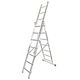 Hillagi 3x7 Mehrzweckleiter, Vielzweckleiter, 3x7 Sprossen, 3-teilige Alu-Kombileiter, bis 150 kg belastbar, max. Arbeitshöhe 4,3 m, Klappleiter, Multifunktionsleiter, Stehleiter, Silber/Rot