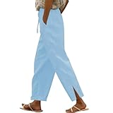 Leinenhose Damen Casual Sommer Hose Locker Bequemer Freizeithose Leinen Leicht Hosen Weites Bein Sommerhose Baumwolle Stoffhose mit Taschen Mode Seitenschlitz Strandhose Streetwear Langer Hose