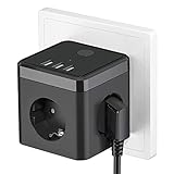 USB Steckdose, Steckdosenadapter 6 in 1 Doppelstecker für Steckdose mit 3 USB - Schwarz