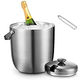 3L Edelstahl Eiswürfelbehälter, Eiskübel mit Doppelwandiger Isolierter, Eisbehälter mit Deckel Schaufel und Eiszange für Kühlen von Bier Champagner Wein und Obst