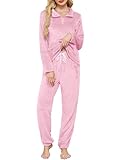Wikoan Warmer Schlafanzug Damen Lange Flanell Pyjama Flauschig Pyjama Set für Damen Fleece Schlafanzug Kuschelig Nachtwäsche Winter Loungewear Rosa M