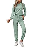 REORIA Damen Tracksuit Langarm Rundhalsausschnitt Einfarbig Zweiteiler Outfit Hoodie Jogger Trainingsanzug Set Sweatshirt & Jogginghose Grün Grau XXL