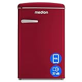 MEDION Retro Kühl-Gefrierkombination (95L Kühlschrank, 13L 4 Sterne Gefrierfach, 108 Liter Nutzinhalt, LED Innenbeleuchtung, Stufenlose Temperaturregelung, MD 37790) rot