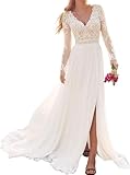 JAEDEN Boho Brautkleid Hochzeitskleider Damen Lang Spitzen Brautkleider Langarm Standesamtkleid Weiß 38