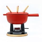 osoltus Fondue | Käsefondue | Fleischfondue Set Gusseisen rot-matt 6 Personen Emaille | 13 TLG. inklusive Holzbrett und Fonduegabeln