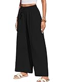 HAPYWER Leinenhose Damen Weites Bein Sommerhose Leichte Freizeithose Lang Stoffhose High Waist mit Gummizug Palazzo Strandhose mit Taschen(Schwarz,XL)
