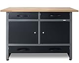 Werkbank Werktisch 120cm aus Metall mit 3 Schubladen, 2 Türen schwarz 28mm Buchenholzplatte bis 510kg belastbar