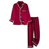 Schlafanzug-Set für Kinder, Mädchen, Jungen, Seidensatin, Knopfleiste, langärmelig, weiß, Eulen-Nachthemd, Mädchen, rot, 8-9 Years