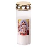 Grablicht - Motivkerze, klassische Form, Auferstandener Christus, weiss, mit goldfarbenem Wind- und Regenschutz