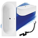 BADLAND Original Badewanne 180x80 cm Rechts Acryl KOMPLET KOMPLETTSET SET Schürze Siphon Wanne Eckwanne Ecke Eckbadewanne Weiß Design Modern Ablaufgarnitur in Chrom für 2 Personen Made in EU 4in1