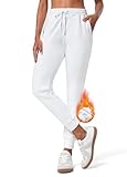 WILLIT Damen Jogginghose Fleece gefütterte Jogger Warme Hosen Thermohose Laufhose Thermische Sweathose Winter Sporthosen Wandern High Waist Wasserdicht Kordelzug mit Taschen Weiß M