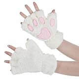 Tyqour Cat Paws Handschuhe Fingerless,Fingerlose Handschuhe Damen Mädchen Kinder Winter Plüschhandschuhe Katzen Handschuh Dicken Plüsch Halb Handschuhe Cartoon Tier Bär Katze Krallen Winterhandschuhe