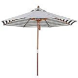 Großer 2,7 m Strandschirm mit schwarz-weiß gestreiftem Design, runder Holz-Sonnenschirm für Rasen/Pool, seitlicher faltbarer und tragbarer Sonnenschutz mit 8 Rippen, Weiß, Schwarz
