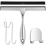 SURFOU Duschabzieher Edelstahl 25cm Schwarz,Abzieher Dusche mit 2 Haken, Fensterabzieher für Badezimmer, Enthält 2 Ersatz-Gummilippen, Für Spiegel/Glas/Fliesen, Hinterlässt Keine Wasserstreifen