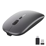 PASONOMI Kabellose Maus 2.4 GHz Silent Funkmaus, 1600 DPI Wireless USB Maus mit Nano Empfänger für Links- und Rechtshänder, PC/Mac, Microsoft Pro, Office Home, Akkuladestand sichtbar (Gray)