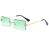 BAWUYI 90er 2000er Rechteck Randlose Sonnenbrille Frauen Männer Y2K Zubehör Vintage Retro Rahmenlose Quadratische Gläser, Gold-Grün, Medium