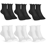 ibasenice 6 Paare Rüschen Knöchelsocken Damen Kurzsocken aus Weichem Baumwollmischgewebe Atmungsaktiv Feuchtigkeitsregulierend Bequeme Söckchen für Alltag und Freizeit in Schwarz und Creme