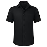 HISDERN Herren Hemd Schwarz Kurzarm Freizeithemd Businesshemd Herrenhemden Regular Fit Bügelfreies Herrenhemd mit Brusttasche,L