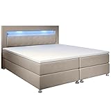 Juskys Boxspringbett Vancouver 180x200 cm - Doppelbett mit LED-Beleuchtung, Topper & Bonell-Federkern-Matratzen - Bett Polsterbett Beige mit Stoff