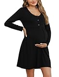 Bresdk Nachthemd Damen Langarm Knöpfe Stillkleid Nachtwäsche Umstandsmode Stillnachthemd Umstandskleidung, Schwarz, M