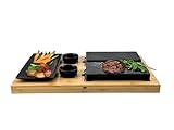 Beefstone Lavastein Steak-Brett Hot Stone Steingrill Set aus Bambusbrett Lavastone und Porzellan-Platte, Fleisch, Fisch grillen auf heißem Stein (Due V2)