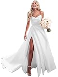 homdor Trägerloses Ballkleid, langes Ballkleid, Satin, Hochzeitskleid für Braut, A-Linie, formelles Abendkleid, Partykleider mit Schlitz, Weiss/opulenter Garten, 34