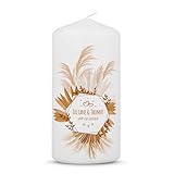 GRAVURZEILE Bedruckte kleine Kerze - Tropical Pampasgras - Personalisierte Kerze mit eigenen Namen & Datum - Geschenk zur Hochzeit an das Brautpaar - Hochwertige Stumpenkerze Weiß 120/58 mm