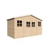 Holz Gartenschuppen MIT IMPRÄGNIERTEM Boden - Abstellkammer mit Fenstern - H246 x 418 x 220 cm/ 8 m² Naturholz-Shiplap-Schuppen - Gartenwerkstatt - Fahrrad- Geräteschuppen TIMBELA M332+332G