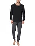 Marvmys Schlafanzug Herren Lang Baumwolle Winter Pyjamaset Schlafanzüge Sleepwear Langarm Shirt Pyjamahose mit Tasche und Bündchen Schwarz L