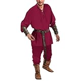 Bauzuoyo Mittelalter Kleidung Herren Set Viking Renaissance Kostüm mit Mittelalterliches Piratenhemd Hose mit Knöchelriemen