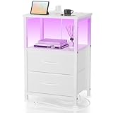 Yornoli Nachttisch mit LED & Ladefunktion, Beistelltisch mit Schublade, Nachttische mit 3 AC-Anschlüsse & 2 USB-Anschlüssen, Beistelltische fürs Wohnzimmer, Schlafzimmer, Weiß