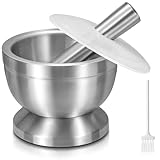 Sopito Mörser mit Stößel, 380ml Groß Edelstahl Mörser und Stößel Tablettenmörser mit Deckel, Bürste, Anti-Rutsch-Boden für das Mahlen von Kräutern, Gewürzen, Pillen, 11.7cm Durchmesser