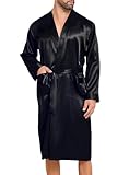 Lovasy Satin Bademantel Herren Lang Kimono Bademäntel für Herren Leicht Morgenmantel Zwei Seitentaschen mit Gürtel,Schwarz,L