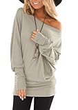 Hiistandd Damen Langarm T Shirt Damen Langarm Top Damen Langarmshirt Eine Schulter Rundhals Tops Casual Sexy Einfarbig Basic T Shirt Tops (Gray, Medium)