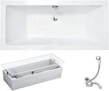 VBChome Badewanne 170x75 cm Acryl SET Wannenträger Siphon Wanne Rechteck Weiß Design Modern Styroporträger Ablaufgarnitur in Chrom für 2 Personen (170x75cm)