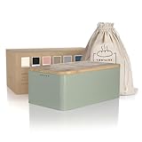 LARS NYSØM Brotkasten I Brotbox aus Metall mit Brotsack aus Leinen für langanhaltende Frische I Brotdose mit hochwertigem Bambusdeckel verwendbar als Schneidebrett I 34x18,5x13,5cm (Sage Green)