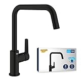 GROHE Start, Niederdruck Küchenarmatur mit hohem Auslauf (Wasserhahn Küche für offene Warmwasserbereiter, 150° schwenkbar, wassersparend, werkzeugfreie Spülbecken-Montage), mattschwarz, 1012422430