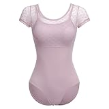 IMEKIS Damen Ballett Trikot Kurzarm Blumenspitze Ballettanzug Einfarbig Gymnastik Trikots mit Abnehmbaren BH Pads Einteilig Tanz Body Sportlich Rückenfrei Ballerina Tanzkleidung Kostüm Lila XXL
