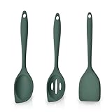 3 Stück Silikon Löffel Set - 28cm Langer Griff Antihaft Kochlöffel, BPA-Freier Hitzebeständiger Rührlöffel für Kochen, Backen, Rühren (Dunkelgrün)