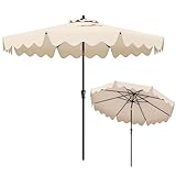 KOMFOTTEU φ280 cm Gartenschirm mit Kurbel, großer Terrassenschirm neigbar mit gerüschten Kanten, Sonnenschirm mit 8 Streben, für Strand, Garten, Pool (Beige)