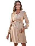 KOJOOIN Umstandskleid Damen V-Ausschnitt Langarm Stillkleid Lässig elegant Schwangerschaftskleid mit Knöpfen Khaki M