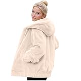 Dyhxuan Fleecejacke Damen mit Kapuze Oversize Teddyjacke Flauschige Plüschjacke Dünne Übergangsjacke Reißverschluss Teddyfleece Jacke Elegant Fleecemantel mit Kapuze
