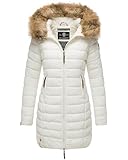 MARIKOO Damen Wintermantel warmer Steppmantel lang mit Kapuze und abnehmbarem Kunstfell-Kragen Rose Off White Gr. S