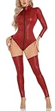 Maeau Catsuit Damen Lackleder Gymnastikanzug Latex Overall Schwarz Teddy Bodysuit Dessous Glänzend Wetlook Playsuit Oberschenkelhohe Strümpfe, rot, L