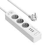 JSVER Steckdosenleiste 3 Fach mit 3 USB Ladeanschlüsse, Mehrfachsteckdose Wandmontage(3680W) Steckerleiste USB(5V 2,4A,12W) mit 2M Kabel für Smartphones, Laptop, iPAD -Weiß