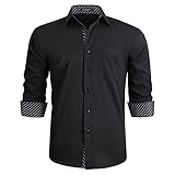 HISDERN Herren Schwarz gestreiftes Hemd Langarm Business Regular Fit Hochzeit Work Party Button-Down-Hemden