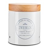 KHG Zwiebeltopf Keramik Steingut Weiß Holzdeckel Bambus, Zwiebel Aufbewahrung, 1kg Kapazität, Zwiebeldose rund, atmungsaktive Luftlöcher, Oberfläche glänzend glasiert Emaille, beschriftet