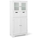 COSTWAY Badschrank mit 2 Schubladen und 4 Türen, Badezimmerschrank mit verstellbaren Regalen, Badkommode Aufbewahrungsschrank für Badezimmer, Küche, Wohnzimmer (Weiß)
