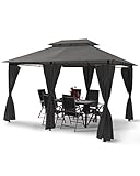 Luxus LED - Pavillon 3x4m Minzo - inkl. Seitenwände mit LED Beleuchtung + Solarmodul Gartenpavillon optional mit Moskitonetz Partyzelt Gartenzelt (mit Moskitonetz, anthrazit)